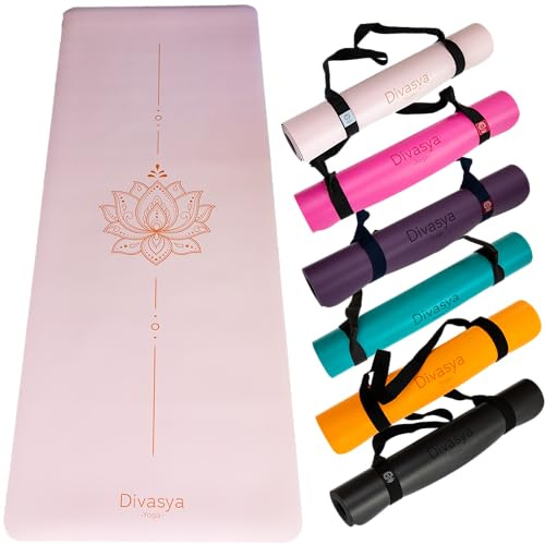 DIVASYA Premium Yogamatte rutschfest: Naturkautschuk rutschfest & japanische professional grip Oberfläche | 185x68x0,45cm | Tragegurt | 4,5mm dicke Yoga Matte | schadstofffrei