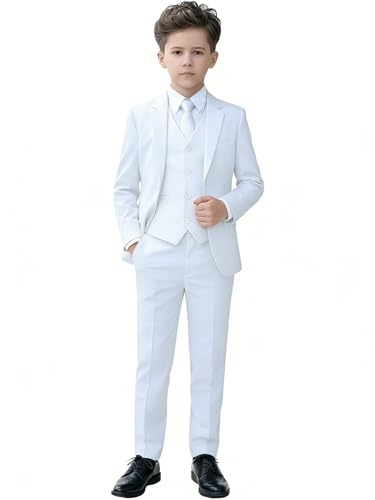 Teen Boys' Classic 5-Piece Slim Fit Suit Big Boys Toddler Communion Tuxedos Kids Youth Ring Bearer Outfit White Wedding Guest Dress Clothes Young Men Suits Size 12
