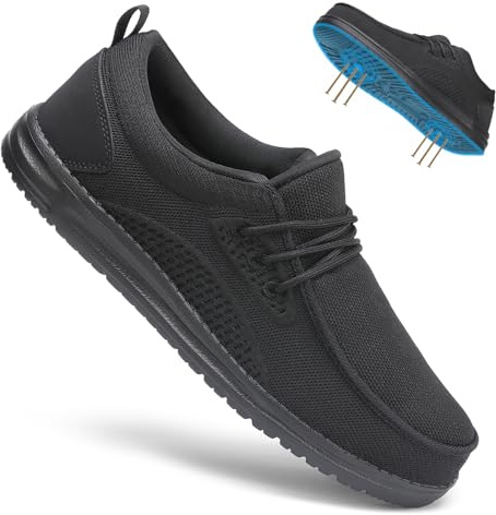 VikoViren Steel Toe Shoes for Men Slip On Safety Work Shoes Non Slip Puncture Proof Indestructible Lightweight Steel Toe Loafers Comfortable Construction Sneakers All Black M10.5