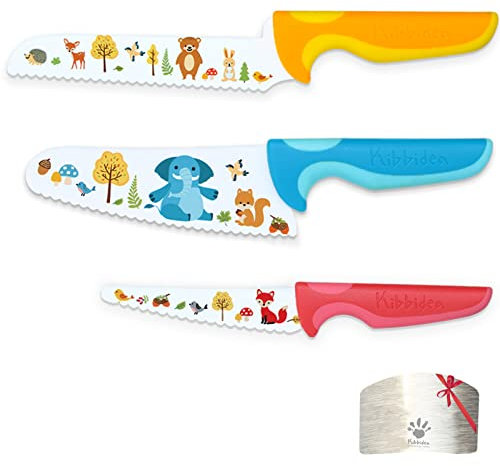 Kibbidea Kit Couteau Sécurité de Cuisine pour Enfants, vraie cuisine, Acier Inoxydable, 4 Pièces Couteaux Enfants pour Couper et Cuire des Fruits ou Légumes, Couteau enfants à Partir de 2 Ans