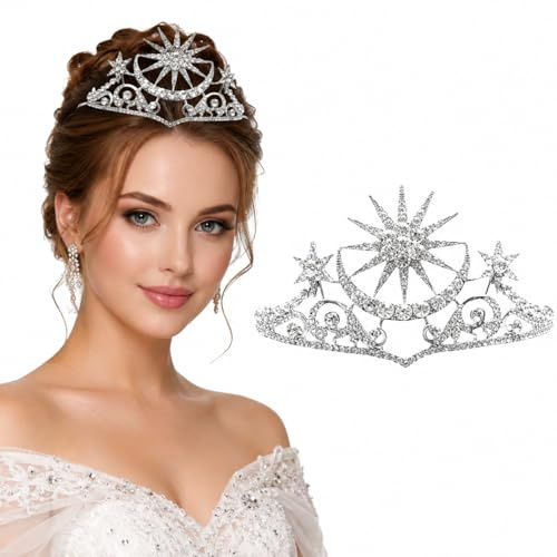 FOMIYES Diadème Strass Étoile Lune Couronne de Tête Argentée Cristaux Reine pour Femme Accessoire Cheveux Mariage Fille Serre-cheveux Décoration Anniversaire Festival EVJF Bijou Headband