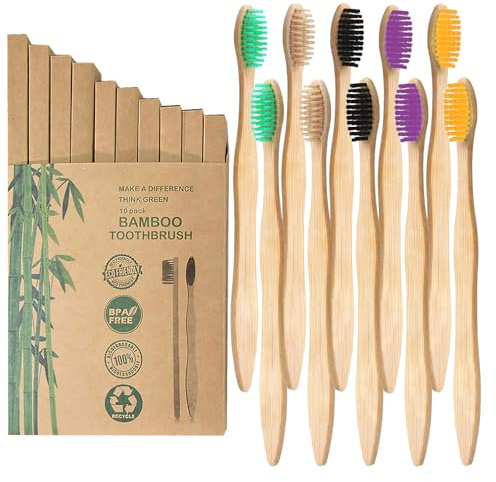 Paquete de 10 cepillos de dientes de bambú natural, mango orgánico biodegradable, cepillo de dientes de madera natural ecológico, 5 colores suaves y medianos, cepillo de dientes de madera premium para