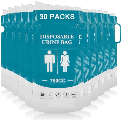 Sacchetti per urina da viaggio, 30 sacchetti usa e getta, 750 ml, per orinatoio portatile per uomini e donne, sacchetto per pipì con manico, sacchetto in gel per urina, servizi igienici di emergenza