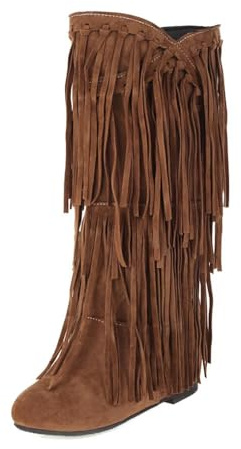 Elyffany Womens Fringe Western Boots Fashion Hidden Heel Knee-high Boots