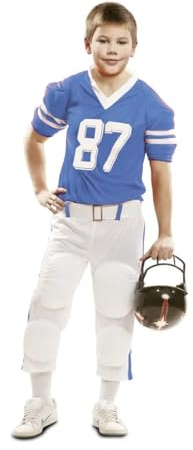My Other Me - Costume giocatore rugby bambino, taglia 3-4 anni. Include maglietta blu con numero 87, cintura e pantaloni bianchi con liste blu e protettivi. Ideale per piccoli sportivi.