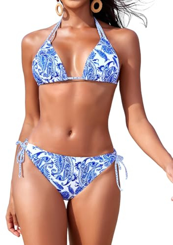 Svanco Maillot de Bain Femme 2 Pièces Bikini Triangle - Port en Collier, Dos Nu et Slip Réglable