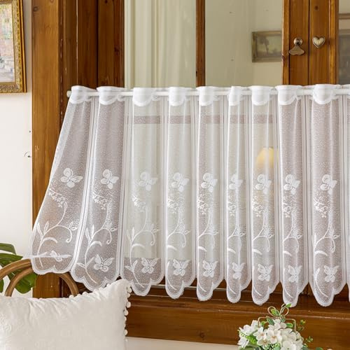 Tolldek Voile 1 st skivgardiner korta gardiner broderi bistrogardin fjäril transparent kort stores genomstång kort gardin bladmönster för kök B x H 180 x 45 cm, vit