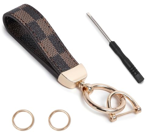 NUNTOK Durable Leather Print Keychain with Anti-Lost D Ring & Key Ring Clip,for Women and Men | Car & Home Key Ring (Brown Gold)