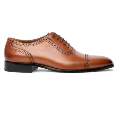 Chapman & Moore Men's Tan Brown Leather Semi-Brogue Cap-Toe Oxford Dress Shoes