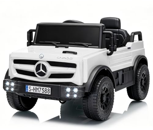 TCARAIWEN Voiture Électrique Enfant Mercedes-Benz Unimog sous Licence, Voiture Enfant 12V pour 3-6 Ans, Véhicule avec Télécommande, Ceinture 3 Points, Bluetooth, 5 km/h (Blanc)