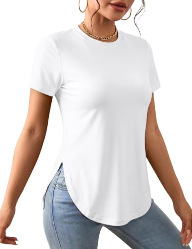 Rapbin Women Gym Tops Running Sports Yoga T Shirts Workout Exercise Tee Shirts Short Sleeve Fitness Clothes Split Hem Tshirt