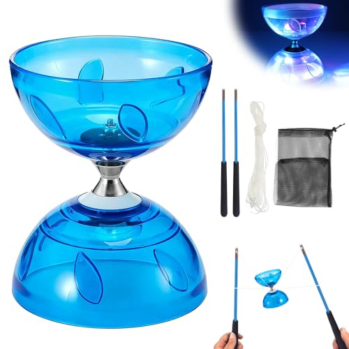 LED Diabolo med kullager, Diabolo frilöpare med kullager, trippelförvaringsset, 4 färger blinkande trippellager med 10 m reservrep, nätpåse och professionell stång för vuxna