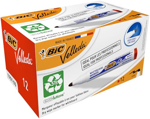 BIC Velleda 1701 ECOlutions Feutres pour Tableau Blanc Effaçables à Sec à Pointe Conique Moyenne - Rouge, Boîte de 12