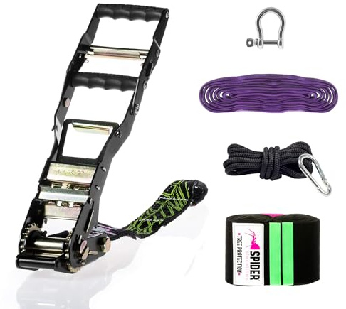 SPIDER SLACKLINE TAS10 - Mandingo Kit Ratchet - 1x Double lever Ratchet XXL 40 cm sling, 1x Roundsling 1T 3M, 1x 1,5T 12mm Schakle, 2x Tree Protection XL, 1x Backup kit