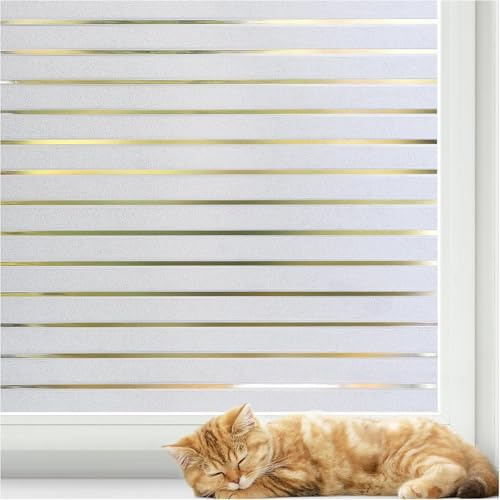 rabbitgoo Window Privacy Film, Frosted Glass Privacy Film, Window Frosting Cling for Glass, Non Adhesive Static Cling Front Door Covring, Anti-UV Reeded Blinds Sticker, Striped Pattern, 17.5 x 78.7