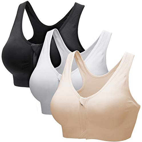 CARETOO Sport-BH för kvinnor, starkt stöd, aktiv bh, höjd, träning, bustier för yoga, fitness – med dragkedja, Svart + vit + beige, XL
