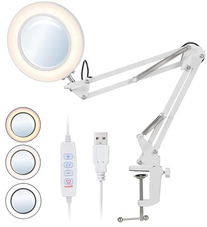 Kavolet Lámpara de lupa LED, Lámpara de escritorio USB, aumento 8X, 10 niveles, brillo ajustable, 3 colores cambio de temperatura, con soporte plegable y abrazadera, ángulo de iluminación giratorio