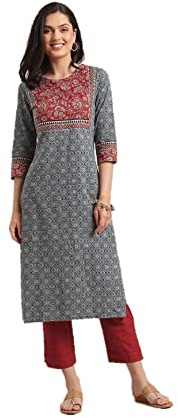 Vastraghar Kurtis - Túnica india para mujer, de algodón o rayón, lista para usar, Azul & negro, S