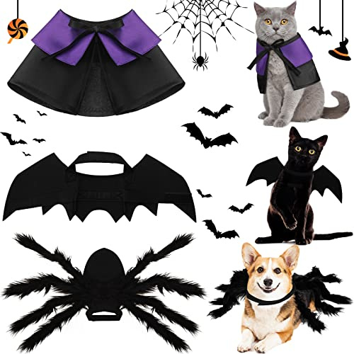 Set di 3 Costumi per Cani Gatto di Halloween, Mantello da Vampiro da Strega Pipistrello da Compagnia Costume da Animale Ragno Gigante Finto Accessori di Cosplay per Cane (Viola, M)