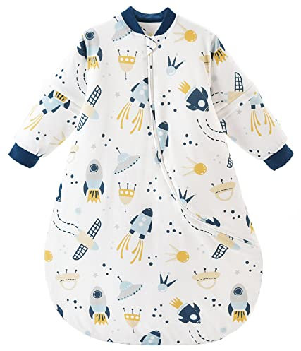 Chilsuessy Baby Schlafsack Winter mit abnembar Langarm Wattiert Babyschlafsack Kleine Kinder Ganzjahres Schalfsack Schlafanzug für Jungen und Mädchen extra Soft, Raumschiff/2.5 Tog, 75-90 cm