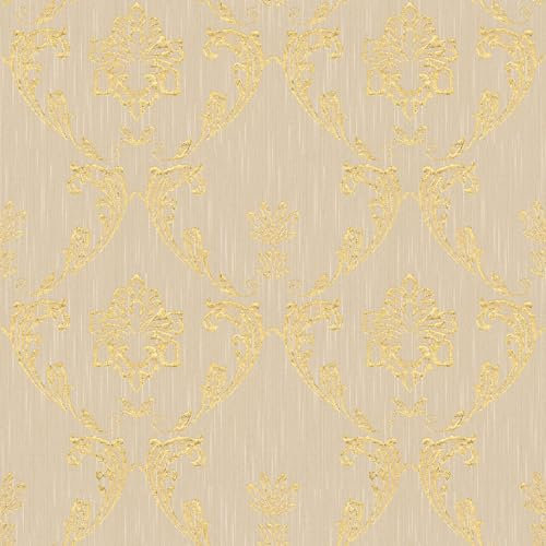 Barock tapet Profhome 306582-GU textiltapet strukturerad med ornament glänsande guld beige 5,33 m2