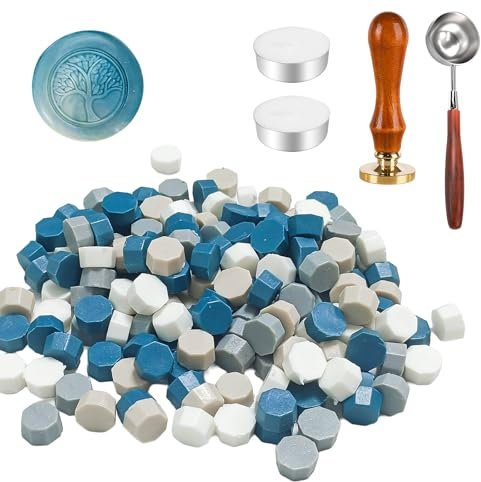 Wachssiegel Stempel Set, 200 Stück siegelwachs mit 1 Lebensbaum Siegelstempel, 1 Schmelzlöffel, 2 Teelichte, für Vintage Siegellack und Brief, Einladungen, Paket Geschenk (C)