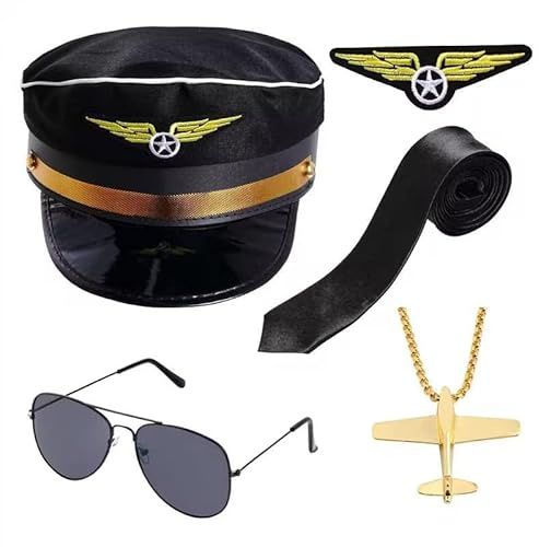 HOVEOX Airline Pilot Captain Hat, Black - Costume Accessories for Men including Sunglasses, Tie, Wings Patch, Necklace for Halloween Party Cosplay