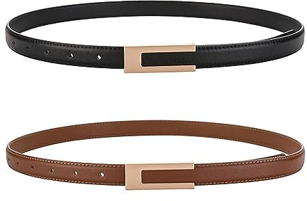 KEYRI 2 Pack Ladies Adjustable Leather Belts for Women Ladies Belts Retro Vintage Belt Women's Accessories Skinny Belt for Dresse Jeans Buckle Thin Waist Belt Waist Strap Waistband (Black Brown)