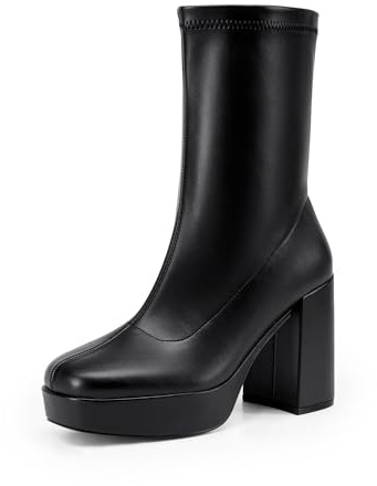 DREAM PAIRS Botas Gogo de media pantorrilla para mujer, con plataforma y tacón alto y grueso, punta cuadrada, Negro PU, 37 EU