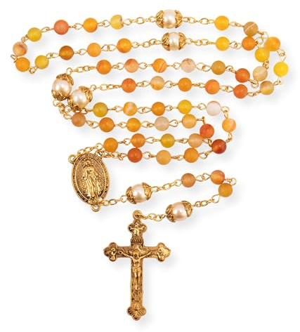 Nazareth Store Catholic Gold Rosary Necklace Matte Stone Beads Green Pearl Round Beads Miraculous Medal & Cross - Velvet Bag (Yellow)