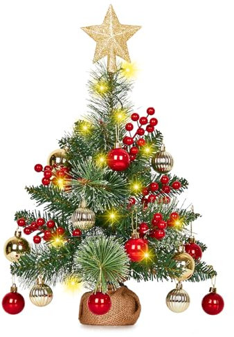 Fulasofia 40CM Mini Weihnachtsbaum Künstlich mit Beleuchtung - Tisch Tannenbaum Künstlich - Weihnachtsbaum Klein mit Weihnachtskugeln/Rote Beeren/Baumstern für Innen Außen Weihnachtsdeko