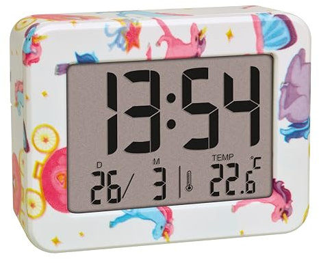 TFA Dostmann Mini sveglia digitale per bambini Unicorn, 60.2044.41, orologio da comodino, a batteria, con data e termometro interno, sveglia da viaggio, piccolo