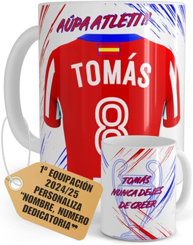 Taza Atletico Personalizada Fútbol Nombre Número Y Dedicatoria Cerámica, Regalo Original Para Aficionados De Equipos Apta Microondas Desayuno