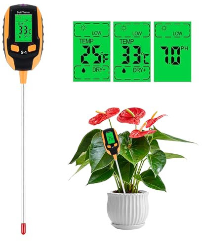 5-in-1 Soil Tester Moisture Meter, Test Soil Humidity/Soil Moisture/Ambient Illumination/Soil PH, Soil Tester Hygrometer Sensor for Garden Plant Flower Lawn Care Farming Outdoor Use