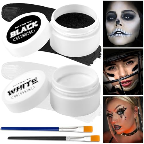 TonJin Black + White Face Body Paint Set 100g, Non-Toxic Professional Facepaint Makeup Kit with 2 Brushes for Art Theater Zombie Vampire Halloween Party Cosplay Clown Corpse Goth SFX Makeup