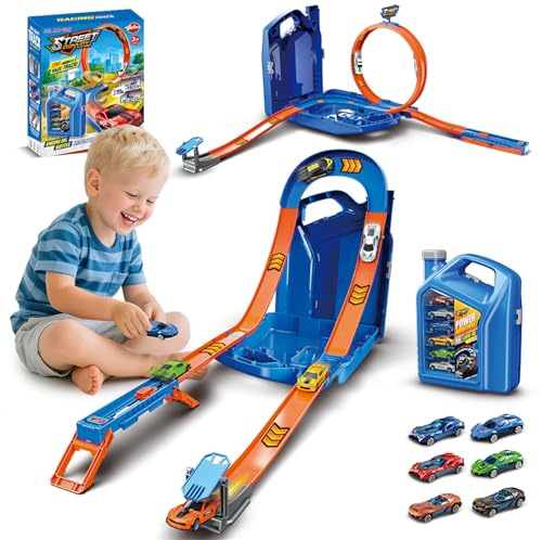 VATOS Race Car Toy Fuel Tank Track for Kids, 2-in-1 Mode Racing Tracks with 6 Die-Cast Cars & Speed-Up Booster, Storage Stunt Box Track Toy Gift for Kids Boys Ages 3 4 5 6 7 8 Years Old