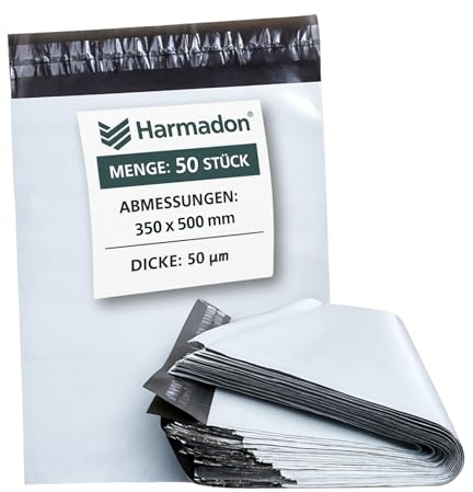 Harmadon Versandtaschen 50 Stück 350x500mm – Selbstklebende Kunststofftaschen für Kleidung – Reißfest, Wasserdicht, Weiß – Ideal für Warensendungen