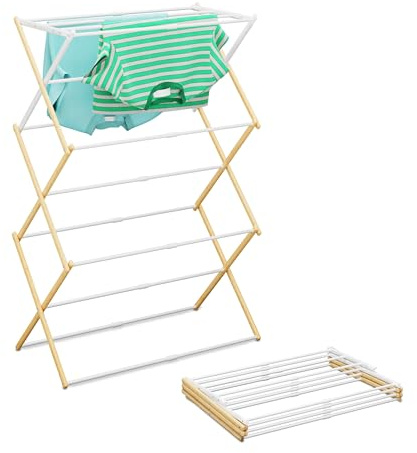 Relaxdays Stendibiancheria Pieghevole, Stendino Verticale a Torre, 11 Aste, HLP: 107x43-74x37 cm, bambù e Ferro, Bianco