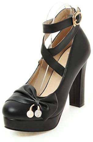 Décolleté Mary Jane Donna con Fiocco E Perle Punta Rotonda Plateau Tacco Alto Largo Cinturino alla Caviglia Incrociato Eleganti per Matrimonio Festa,Nero,40 EU