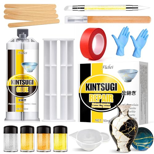 Kit di Riparazione Kintsugi Nuovo, Kit Kintsugi Giapponese con 50ml Colla Ceramica per Alimenti, 4 Colori Polveri (Oro/Argento/Mica) per Riparare Ceramica/Porcellana/Gioielli/Vetro, Per Principianti