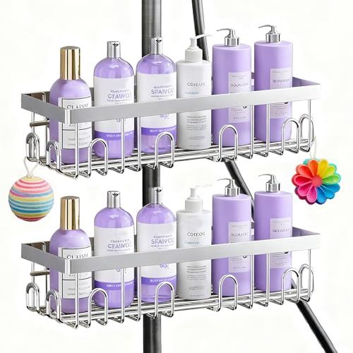 Tbintul 2 Piezas Estante de Ducha Acero Inoxidable, Cesta de Ducha sin Taladrar, Estante para Baño de Gran Capacidad,Apto para barras de ducha de 18mm a 25mm,para Almacenamiento de Champú Gel Jabonera