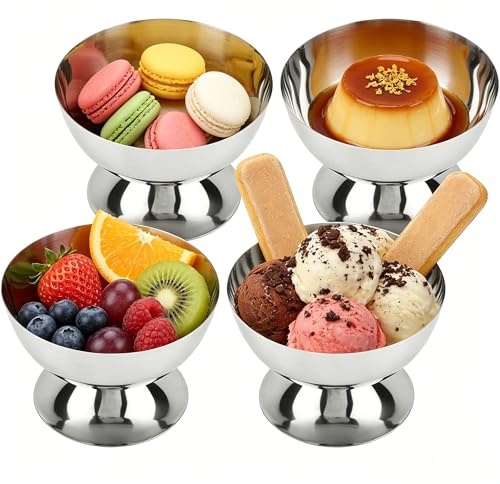 YuLiMirich set med 4 glassbägare i rostfritt stål – vintage dessertskål i rostfritt stål, cocktailglas, ice cream sundae-dessertglas för fruktsallad, yoghurt och fruktpudding för fester (Short – A