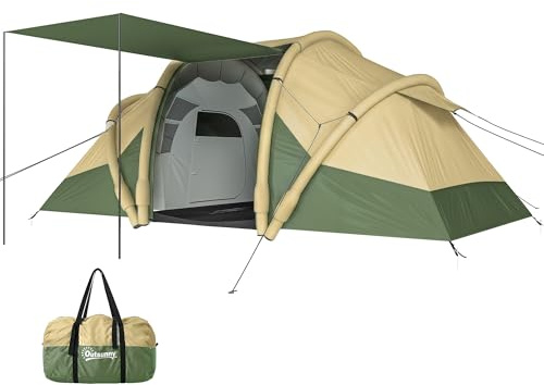 Outsunny Inflatable Camping Tent with Air Pump, Easy Setup 4 Person Blow Up Tent, Tunnel Tents with 2 Bedrooms, Living Area, Groundsheet for Family Camping Trips