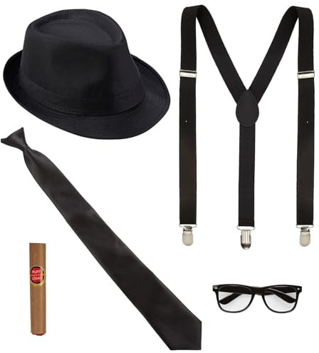 WIDMANN Kostüm-Set König des Blues, 5-teilig, Hut, Hosenträger, Krawatte, Brille und Zigarre, Charleston, Gangster, Mafia-Boss, Brothers