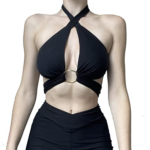 HTTOAR Women Sexy Halter Criss Cross Wrap Vest Cut Out Sleeveless Solid Colour Crop Tops Tank Top Various Wearing Methods with Metal Ring (Medium, Black)