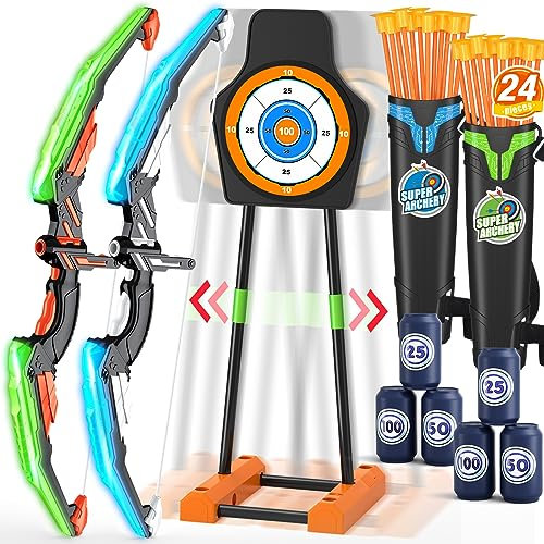 HYES 2-Pack Pfeil und Bogen Set für Kinder, Bogen mit LED-Licht, Bogenschießen Set mit 24x Saugnapf Pfeile, 1x Bewegliches Ziel, 6X Score Ziele, 2X Quiver, Indoor Outdoor Geschenke für Jungen Mädchen
