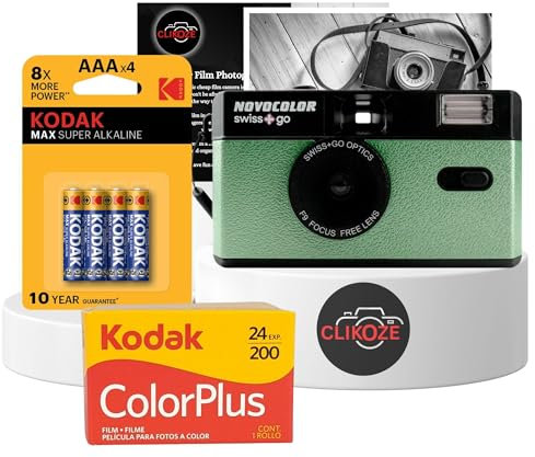 35mm Film Camera Bundle Includes Green Swiss+Go Novocolor Analogue Film Camera with Kodak ColorPlus 24 EXP Film, Kodak Max Super Alkaline AAA Batteries and Clikoze Film Photography Tips Card