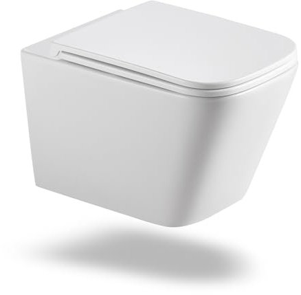 HOROW Wand Hänge WC Spülrandlos Moderne Toilette Weiß Keramik Eckige Toiletten mit WC-Sitz Enthalten, Siphon Spülung, Sanft Schließend, Leicht zu Reinigen, für Gästezimmer, Bad