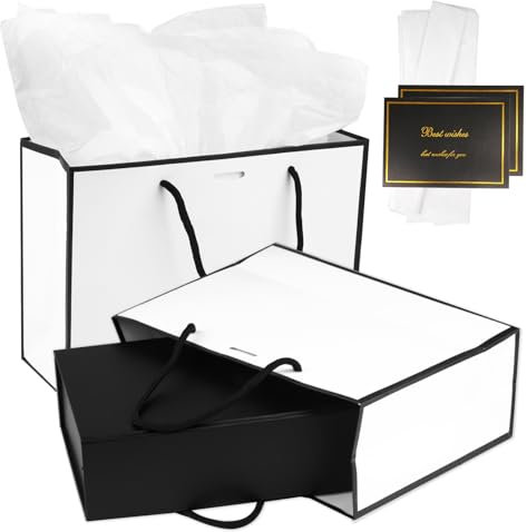 2 Stück Geschenktüten Set, Papiertüten mit Henkel, Geschenktaschen mit Grußkarten und Seidenpapier, Geschenktüten Papier, für Geburtstag, Partys, Festivals etc.(28x20x10cm)