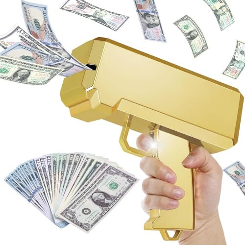 Geld Pistole Shooter mit 101 Requisitengeld, Spielzeugpistole, die Geld für Spielfilme Party sprühen, Handgehaltene Geldpistole Gefälschte Pistole (Gold)